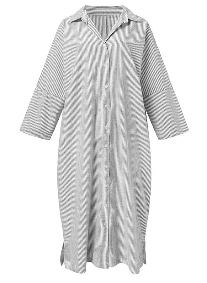 utcoco Womens Striped Long Sleeve Dress Casual Loose Button Down Cotton Maxi Shirt Dress (XXX-Large, Grey) - Image 2